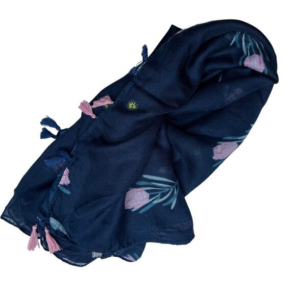 NEW Boho Floral Design Tasseled Rectangle Soft Chic Scarf Large Blue Pink White - Picture 10 of 15